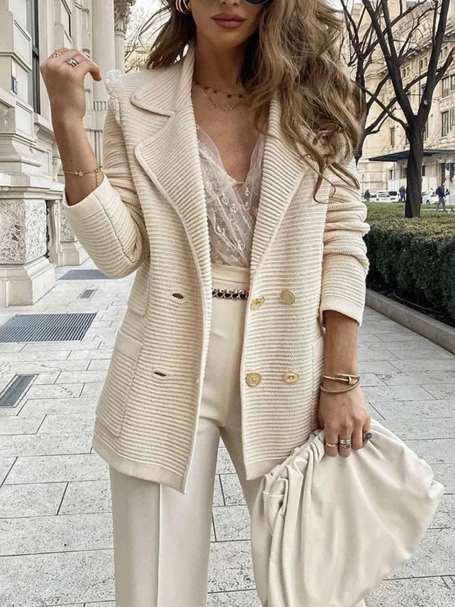 Chic Knitted Blazer with Double Button Placket and Pockets for Women