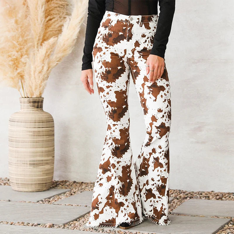 Trendy Cow Print Flared Jeans for Women